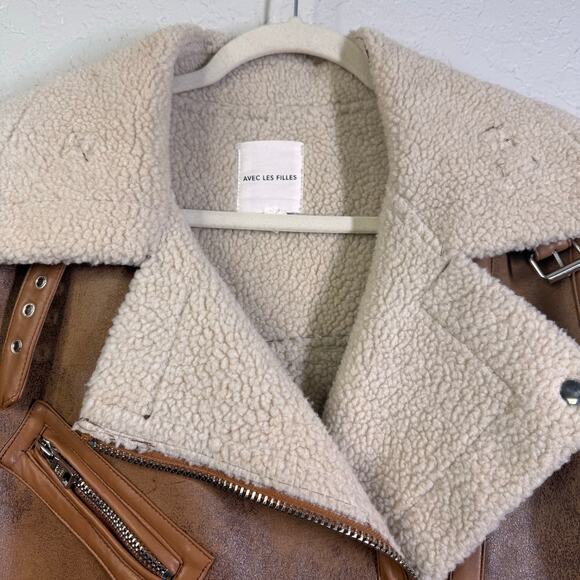 AVEC LES FILLES Coat Large Faux Leather Shearling Moto Jacket Notched Collar - Picture 6 of 15